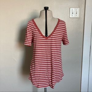 BP Coral Pink & White Striped V Neck Tee
